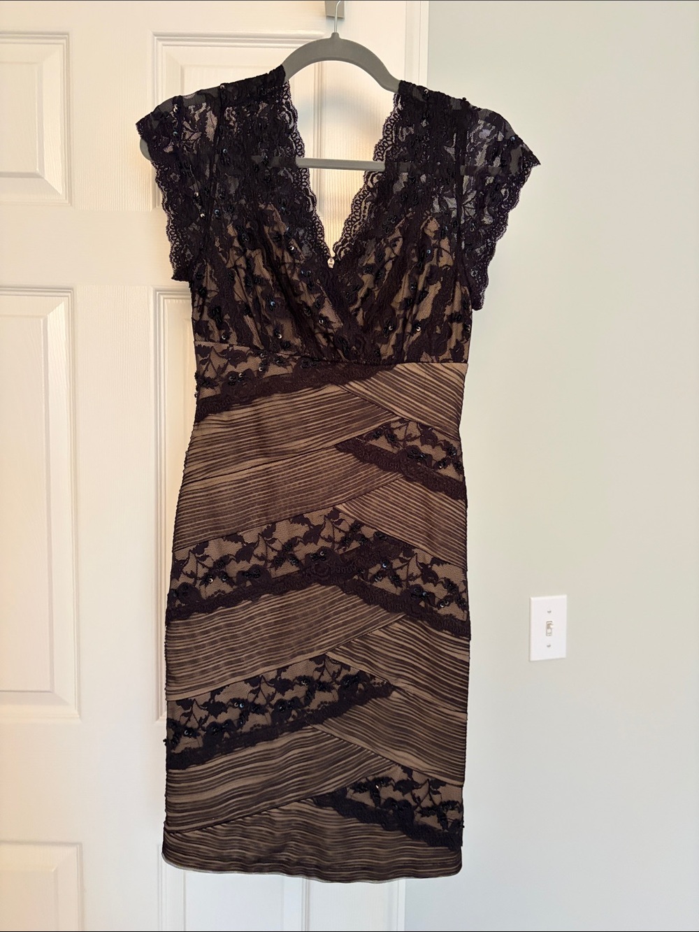 MARINA Black Lace-Overlay V-Neck Midi Dress